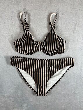 Shade & Shore Ribbed Black, Orange and Beige Striped Bikini Set 34D Large